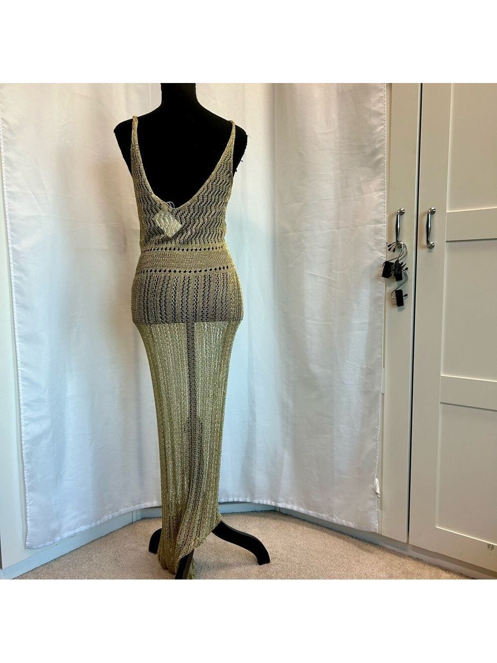 ZARA GOLD FITTED METALLIC THREAD CROCHET KNIT SPAGHETTI STRAP MIDI MAXI DRESS M - Picture 8 of 12
